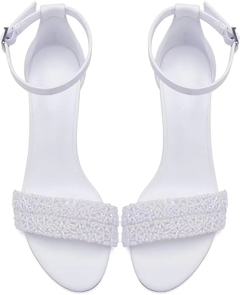 Block Heel Wedding Shoes for Bride Beaded Bridal Heels Wedding Heeled Sandals