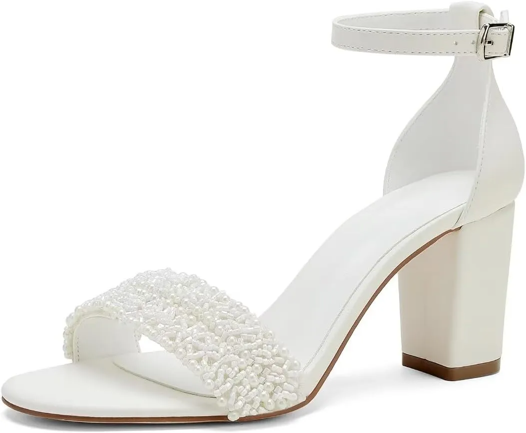 Block Heel Wedding Shoes for Bride Beaded Bridal Heels Wedding Heeled Sandals