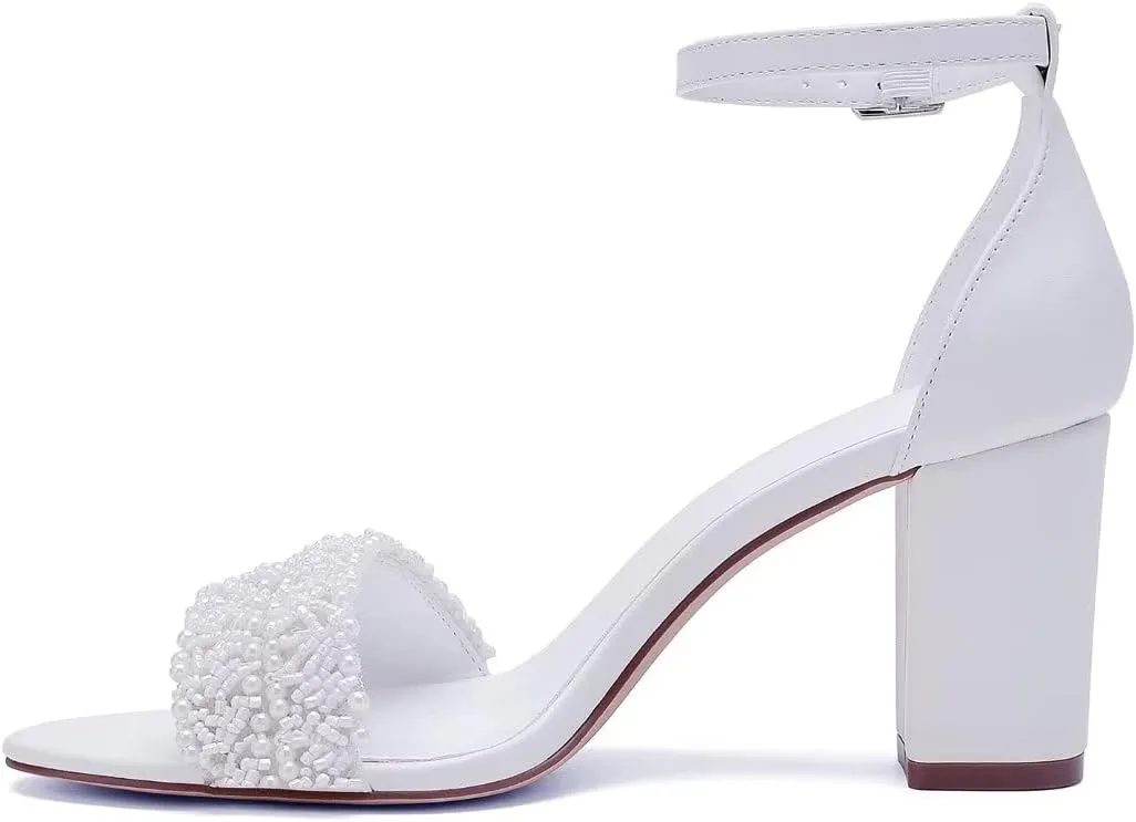 Block Heel Wedding Shoes for Bride Beaded Bridal Heels Wedding Heeled Sandals
