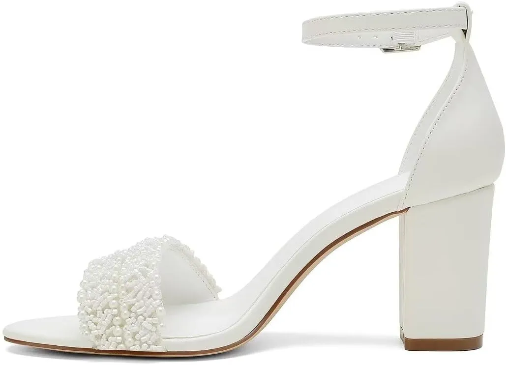 Block Heel Wedding Shoes for Bride Beaded Bridal Heels Wedding Heeled Sandals