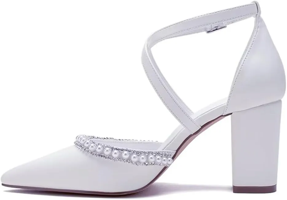 Block Heel Wedding Shoes for Bride Closed Toe Pearl Bridal Shoes Cross Strap Wedding Heels