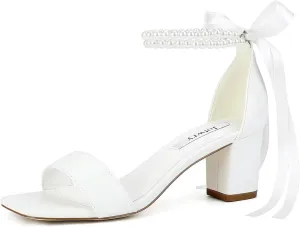 Block Heel Wedding Shoes for Bride Pearl Heels Wedding Sandals Square Open Toe Bridal Shoes