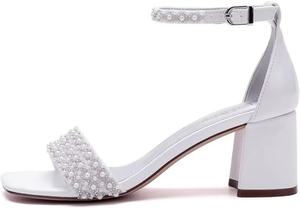 Block Heel Wedding Shoes for Bride Square Open Toe Wedding Sandals Pearl Bridal Shoes Wedding Heels Chunky