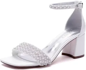Block Heel Wedding Shoes for Bride Square Open Toe Wedding Sandals Pearl Bridal Shoes Wedding Heels Chunky