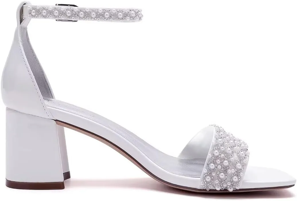 Block Heel Wedding Shoes for Bride Square Open Toe Wedding Sandals Pearl Bridal Shoes Wedding Heels Chunky
