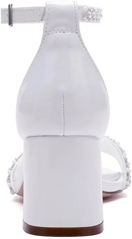 Block Heel Wedding Shoes for Bride Square Open Toe Wedding Sandals Pearl Bridal Shoes Wedding Heels Chunky