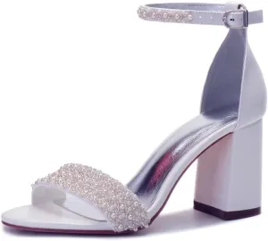 Block Heels Pearls Wedding Sandals Open Toe Ankle Strap Evening Party Summer Shoes
