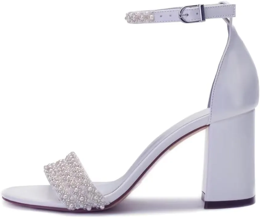 Block Heels Pearls Wedding Sandals Open Toe Ankle Strap Evening Party Summer Shoes