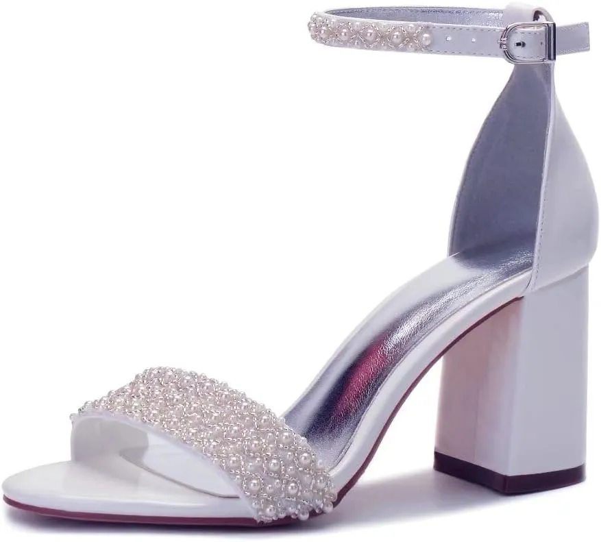 Block Heels Pearls Wedding Sandals Open Toe Ankle Strap Evening Party Summer Shoes