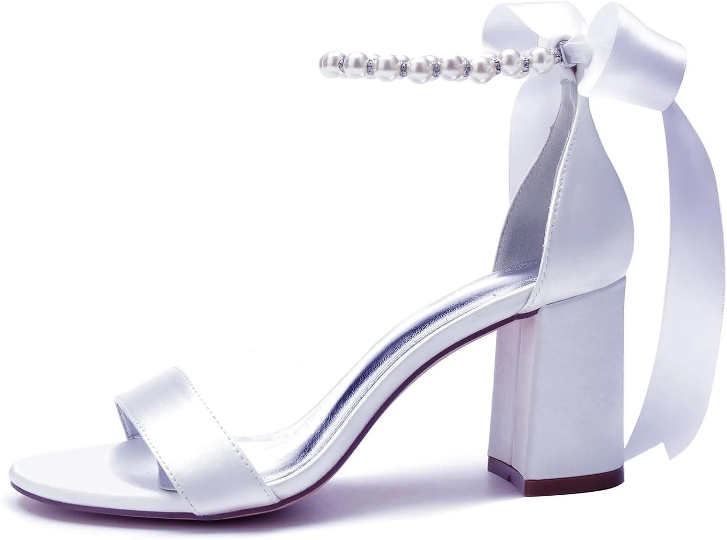 Bridal Shoes Satin Bowknot Strap Wedding Pumps 8CM Block Heels Pearl Ankle Buckle Bride Sandals Evening Open Toe Party Dress Beaded