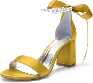 Bridal Shoes Satin Bowknot Strap Wedding Pumps 8CM Block Heels Pearl Ankle Buckle Bride Sandals Evening Open Toe Party Dress Beaded