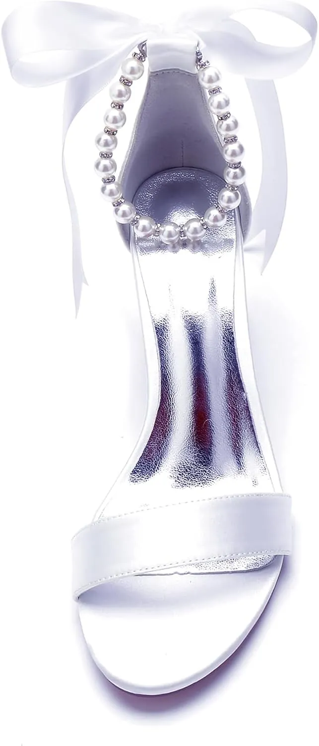 Bridal Shoes Satin Bowknot Strap Wedding Pumps 8CM Block Heels Pearl Ankle Buckle Bride Sandals Evening Open Toe Party Dress Beaded