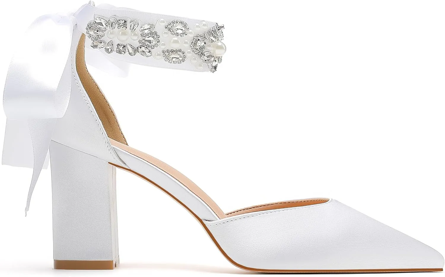 Bridal Wedding Shoes, Closed Toe Pointed Toe White Heels, Women's Chunky Heels with Bow and Crystal Pearl Ankle Strap