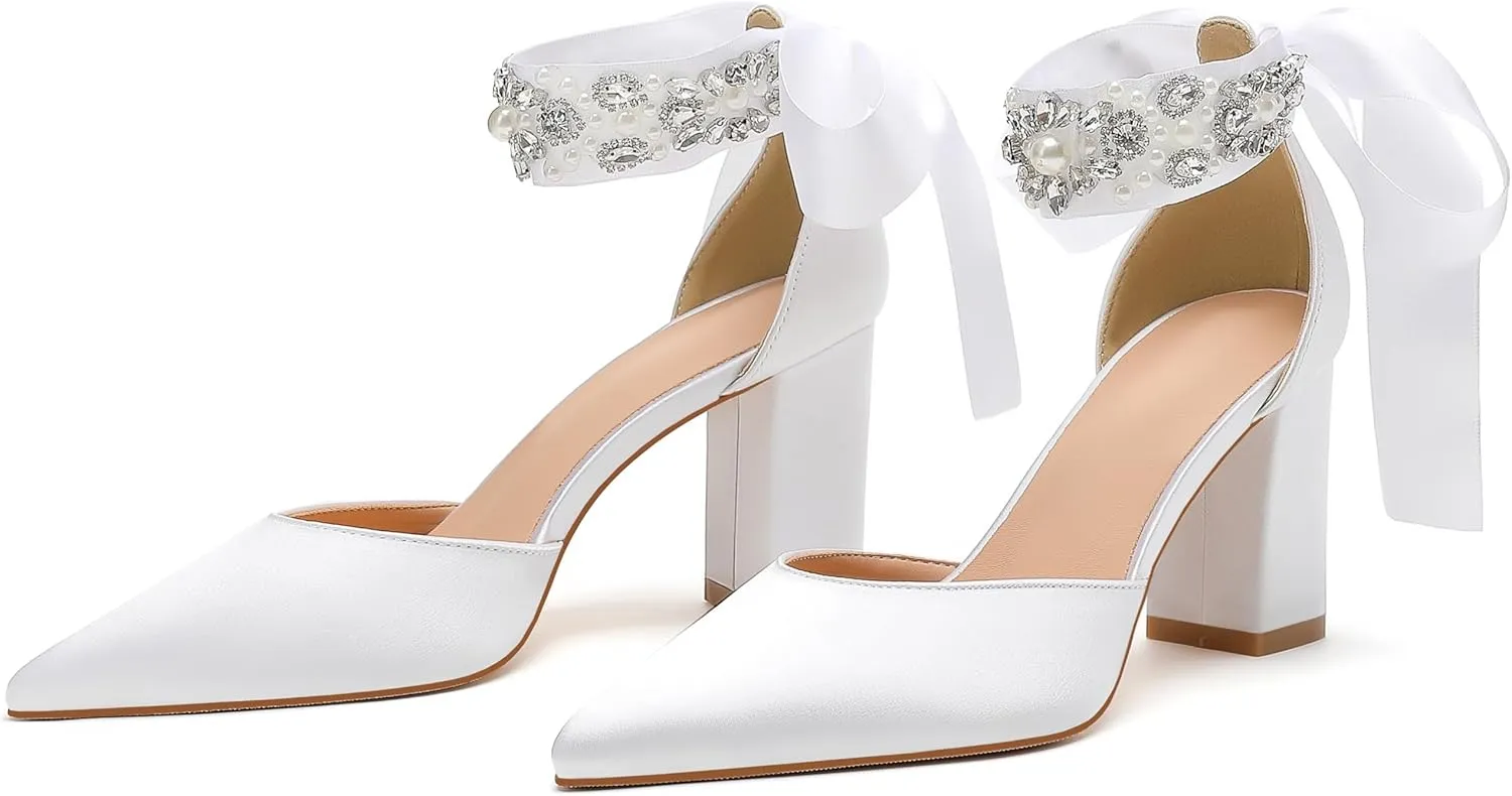 Bridal Wedding Shoes, Closed Toe Pointed Toe White Heels, Women's Chunky Heels with Bow and Crystal Pearl Ankle Strap