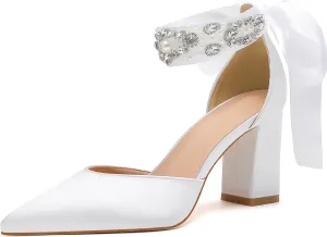 Bridal Wedding Shoes, Closed Toe Pointed Toe White Heels, Women's Chunky Heels with Bow and Crystal Pearl Ankle Strap