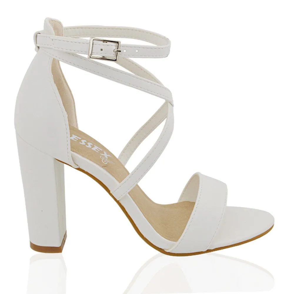 BRIELLA CROSS OVER FRONT STRAPPY BLOCK HIGH HEEL SANDALS IN WHITE SYNTHETIC LEATHER