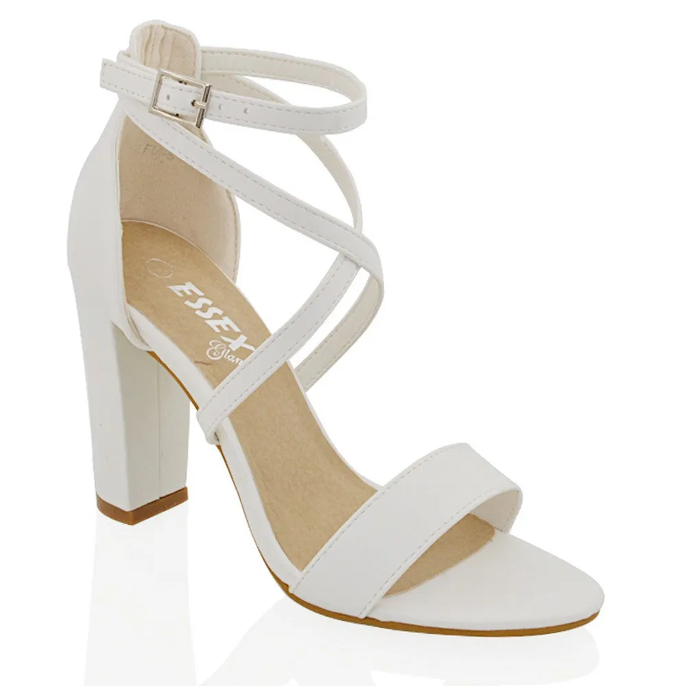 BRIELLA CROSS OVER FRONT STRAPPY BLOCK HIGH HEEL SANDALS IN WHITE SYNTHETIC LEATHER