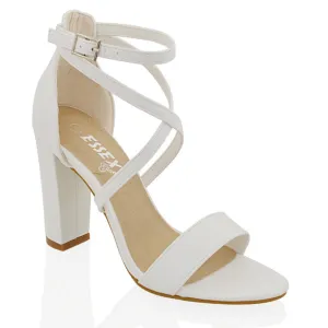 BRIELLA CROSS OVER FRONT STRAPPY BLOCK HIGH HEEL SANDALS IN WHITE SYNTHETIC LEATHER