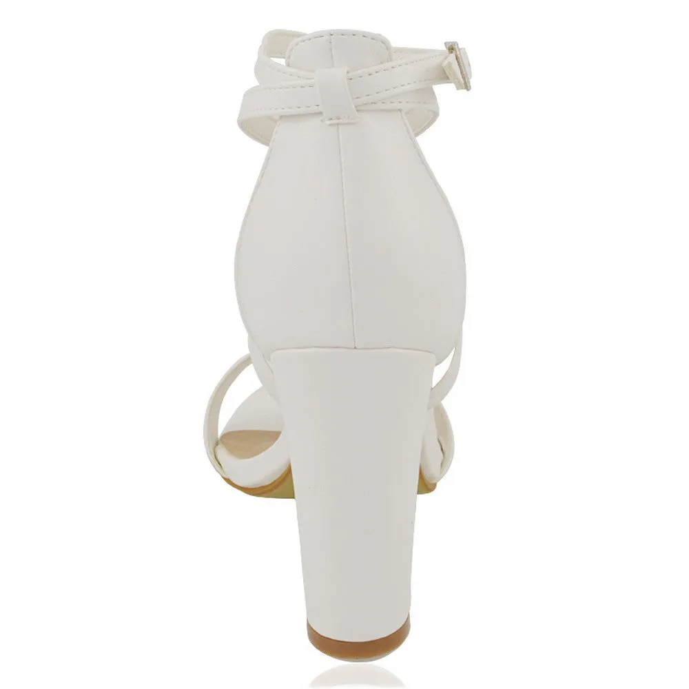BRIELLA CROSS OVER FRONT STRAPPY BLOCK HIGH HEEL SANDALS IN WHITE SYNTHETIC LEATHER