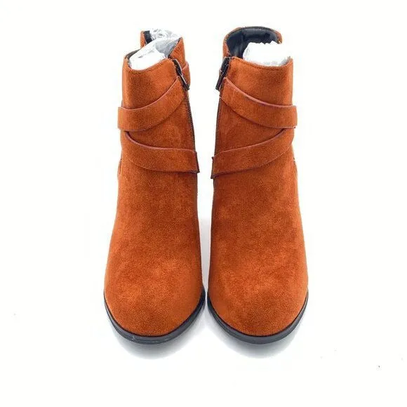 Brown Suede Buckle Strap Women's Wedge Comfortable Ankle Boot with Side Zipper