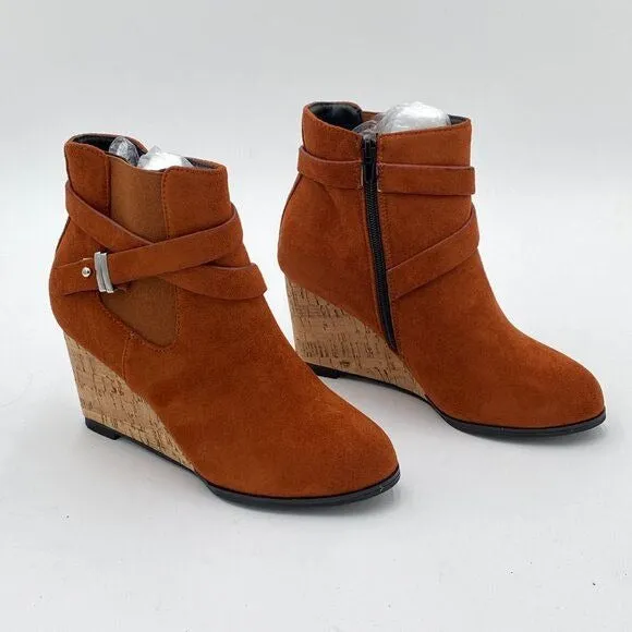 Brown Suede Buckle Strap Women's Wedge Comfortable Ankle Boot with Side Zipper