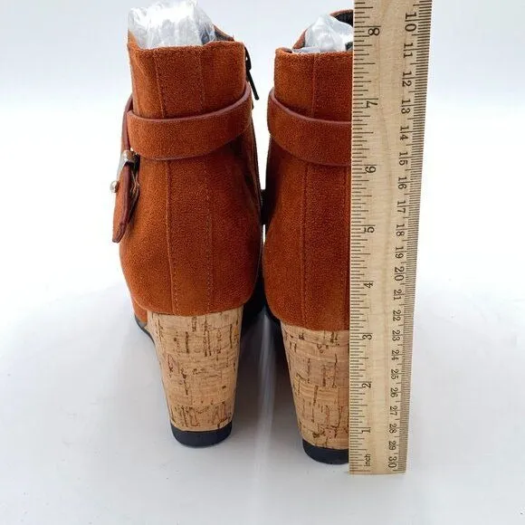 Brown Suede Buckle Strap Women's Wedge Comfortable Ankle Boot with Side Zipper