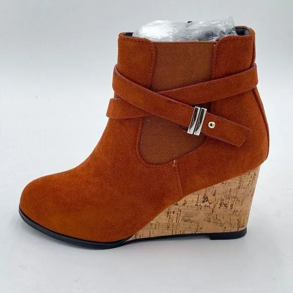 Brown Suede Buckle Strap Women's Wedge Comfortable Ankle Boot with Side Zipper