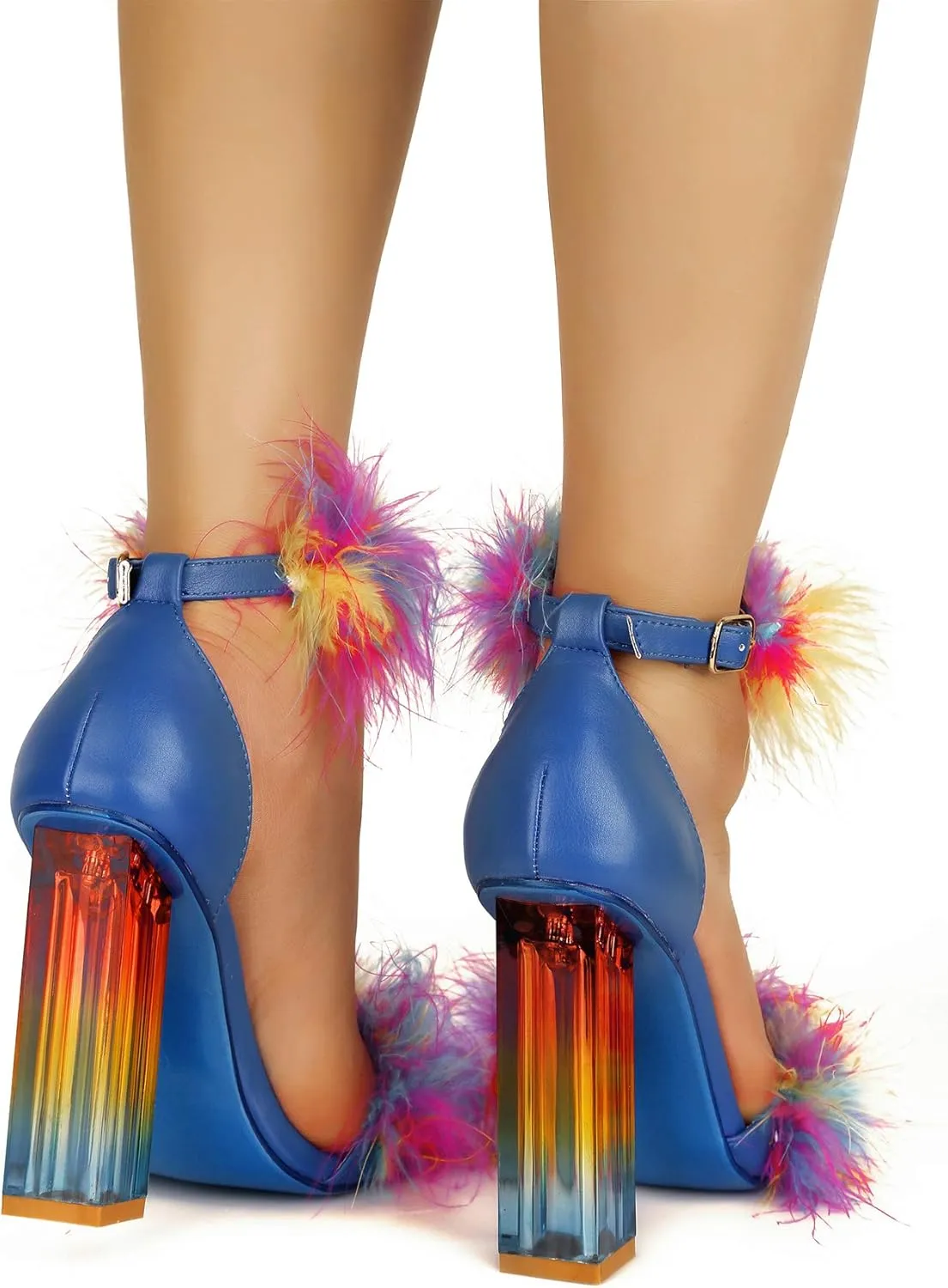 Cape Robbin Antisocial Sexy Chunky Block High Heels for Women, Transparent Strappy Open Toe Shoes Heels with Feathers