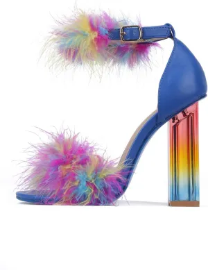 Cape Robbin Antisocial Sexy Chunky Block High Heels for Women, Transparent Strappy Open Toe Shoes Heels with Feathers