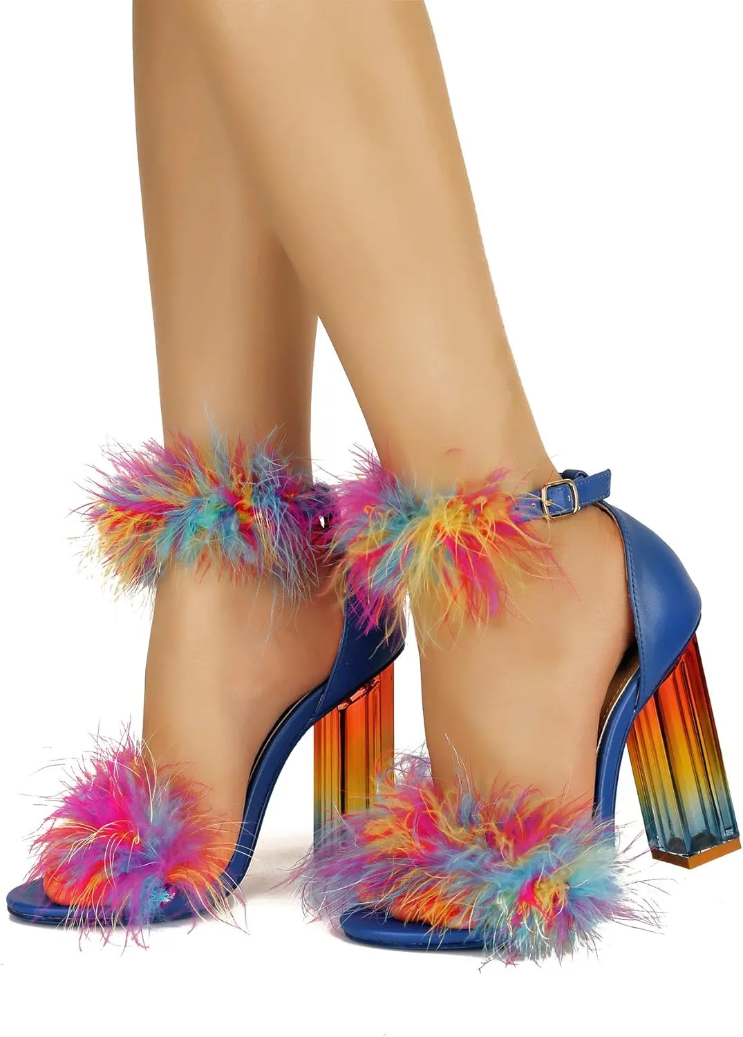 Cape Robbin Antisocial Sexy Chunky Block High Heels for Women, Transparent Strappy Open Toe Shoes Heels with Feathers