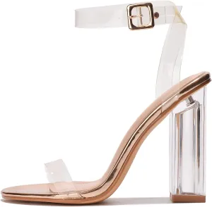 Cape Robbin Maria-2 Clear Chunky Block High Heels for Women, Transparent Strappy Open Toe Shoes Heels for Women - Rose Gold Size 7