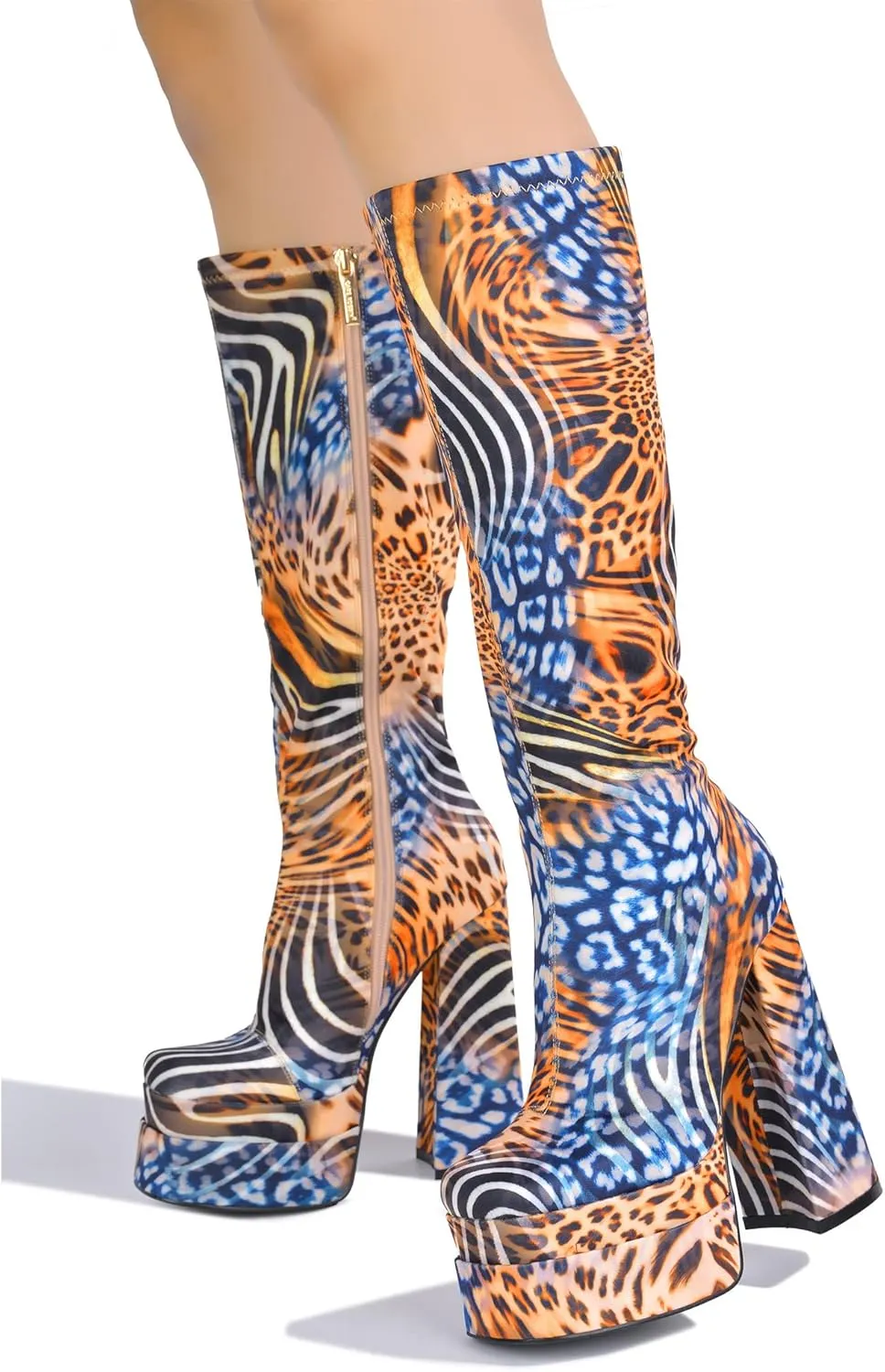 Cape Robbin Prisma Mid Calf Platform Boots, Square Toe Knee High Chunky Block Heel, Fashion Dress Boots for Women