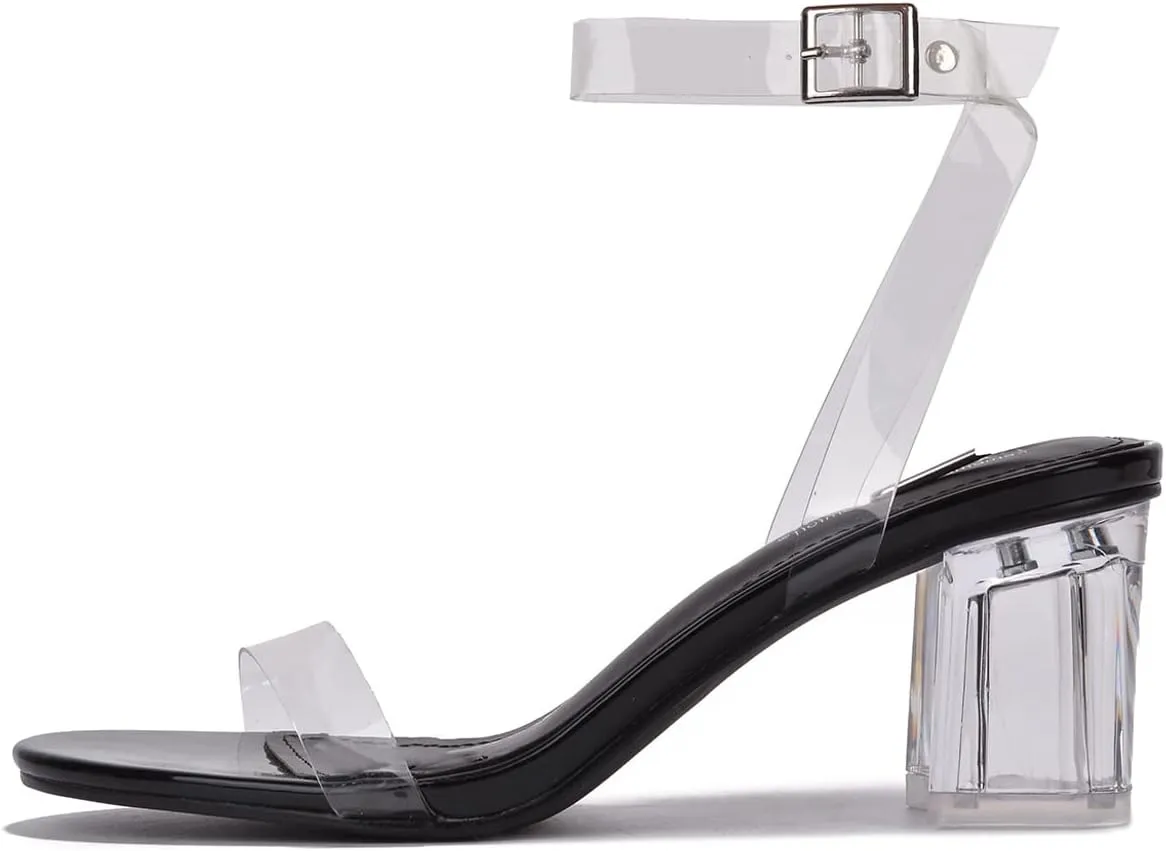 Cape Robbin Wisdom Clear Chunky Block Low Heels for Women, Transparent Strappy Open Toe Shoes Heels for Women - Black Size 8