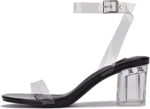 Cape Robbin Wisdom Clear Chunky Block Low Heels for Women, Transparent Strappy Open Toe Shoes Heels for Women - Black Size 8