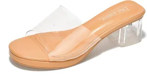 Cape Robbin Women's Clear Low Block Heels - Slip-On Transparent Round Open Toe Sandals (Anjelic)