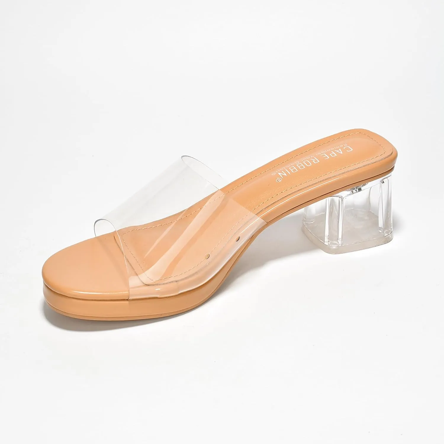 Cape Robbin Women's Clear Low Block Heels - Slip-On Transparent Round Open Toe Sandals (Anjelic)