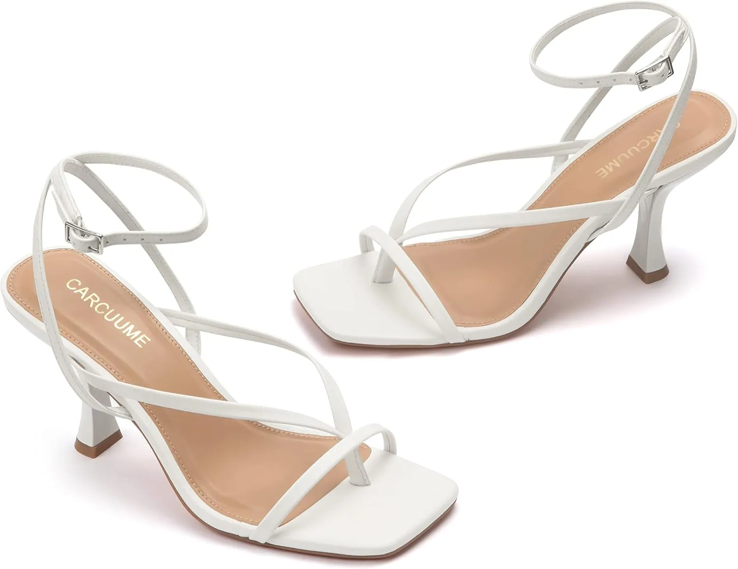 Carcuume Womens Kitten Heels Square Toe Thong Strappy Ankle Strap Stiletto Heel Sandals