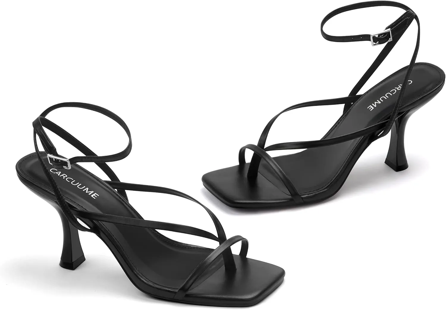 Carcuume Womens Kitten Heels Square Toe Thong Strappy Ankle Strap Stiletto Heel Sandals
