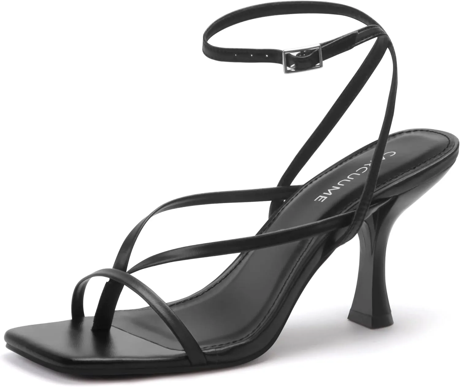 Carcuume Womens Kitten Heels Square Toe Thong Strappy Ankle Strap Stiletto Heel Sandals