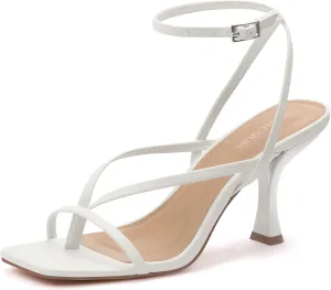 Carcuume Womens Kitten Heels Square Toe Thong Strappy Ankle Strap Stiletto Heel Sandals