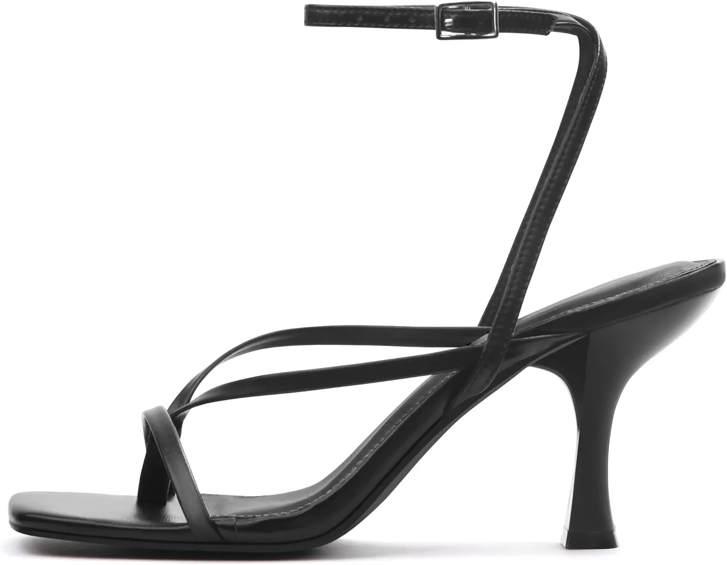 Carcuume Womens Kitten Heels Square Toe Thong Strappy Ankle Strap Stiletto Heel Sandals