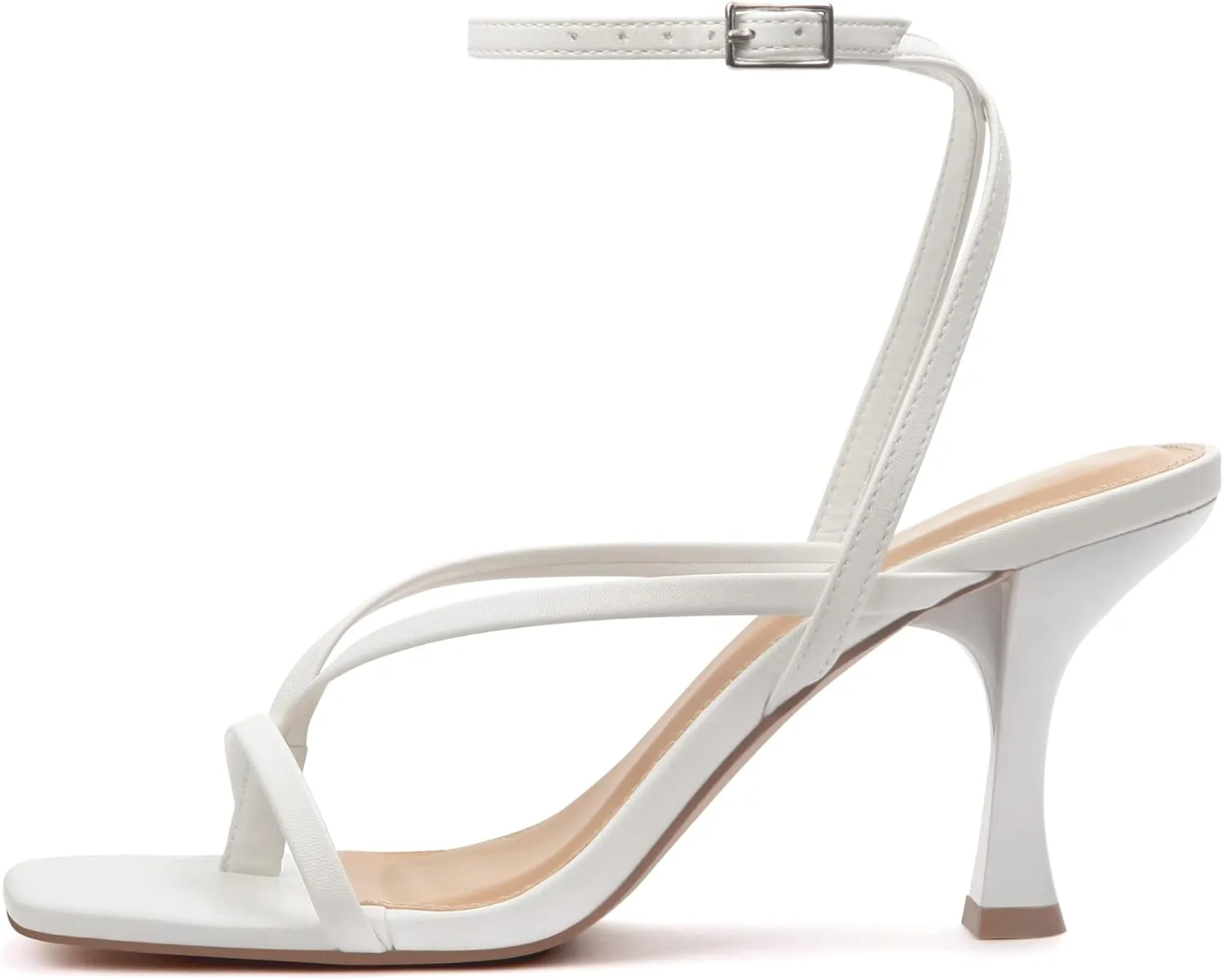 Carcuume Womens Kitten Heels Square Toe Thong Strappy Ankle Strap Stiletto Heel Sandals