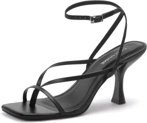 Carcuume Womens Kitten Heels Square Toe Thong Strappy Ankle Strap Stiletto Heel Sandals