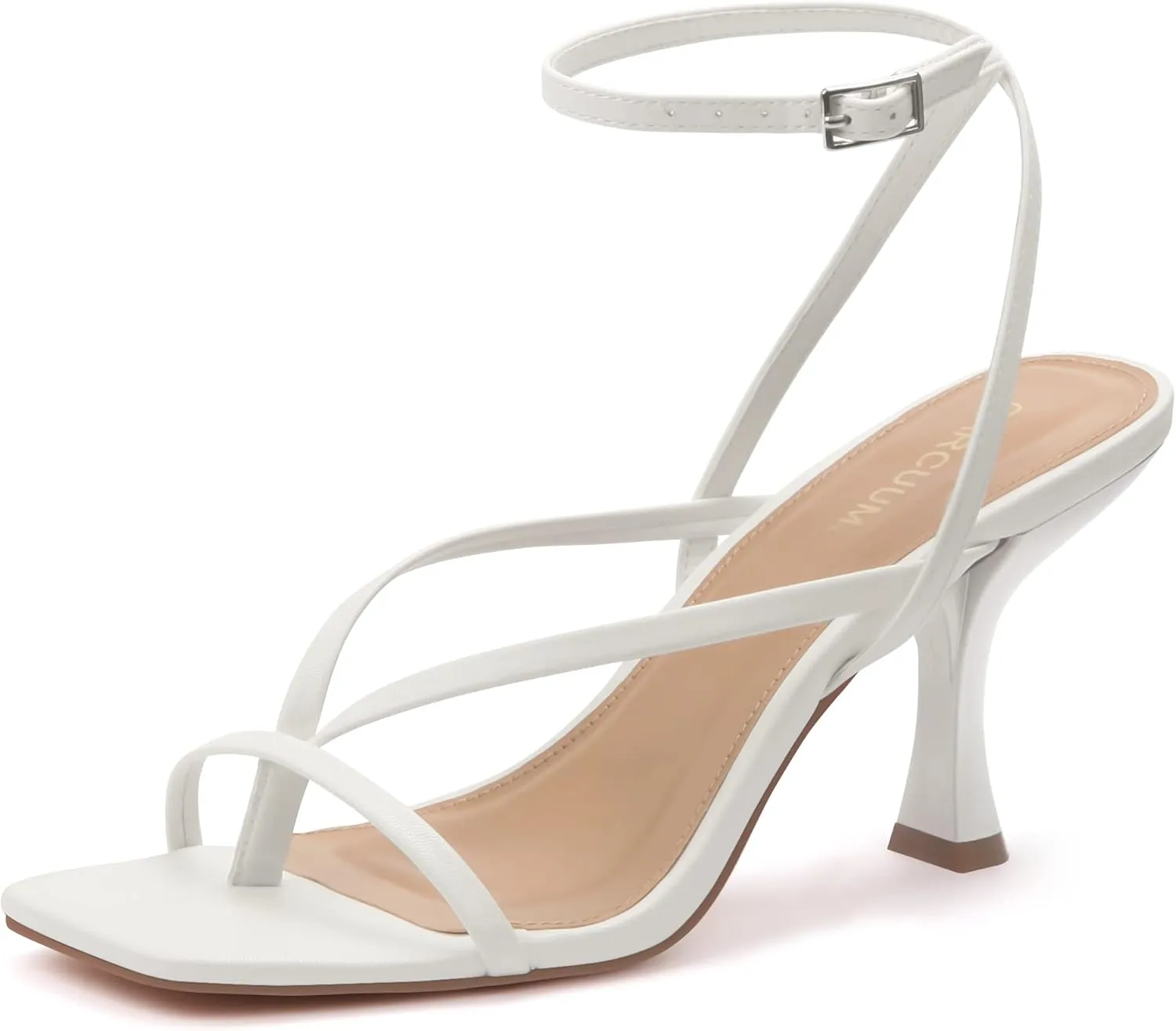 Carcuume Womens Kitten Heels Square Toe Thong Strappy Ankle Strap Stiletto Heel Sandals