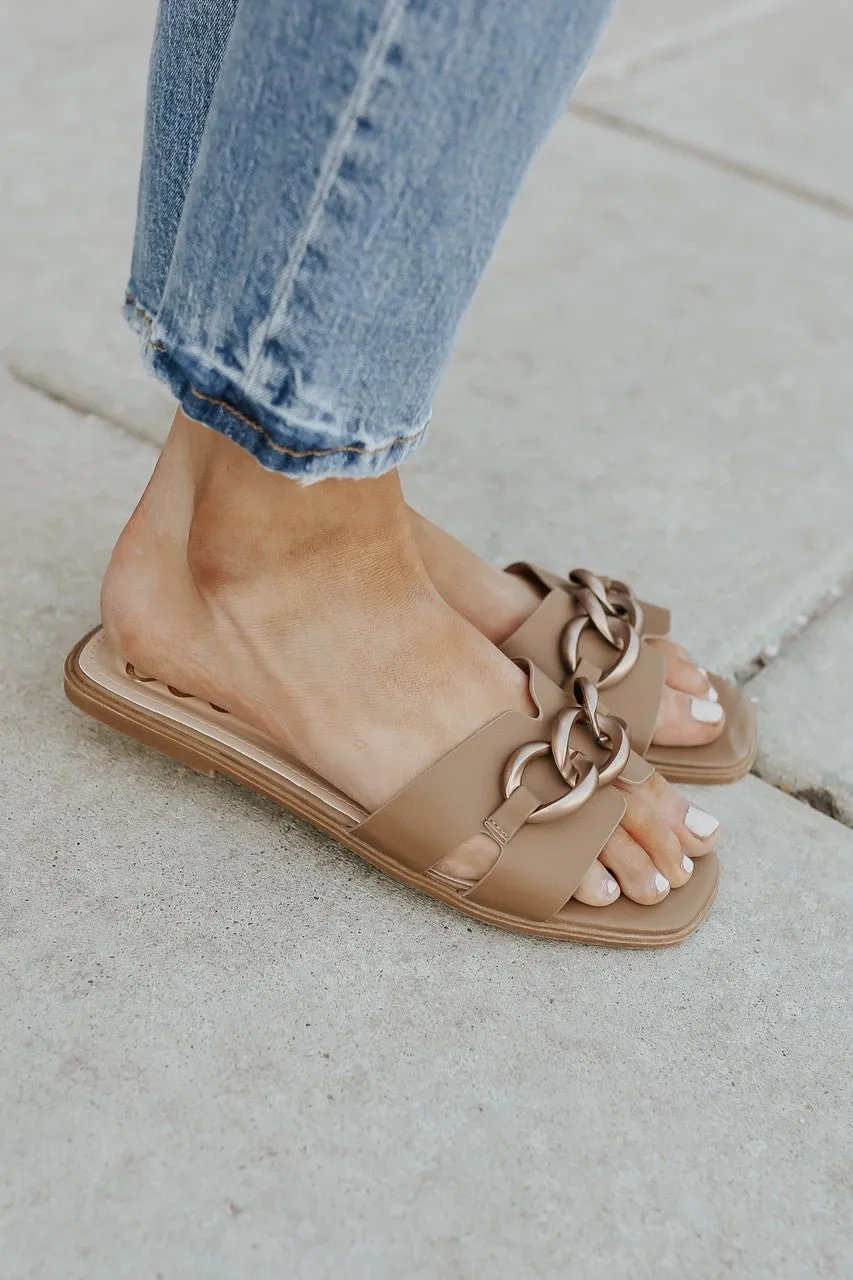 Chain Detail Taupe Slide Sandals
