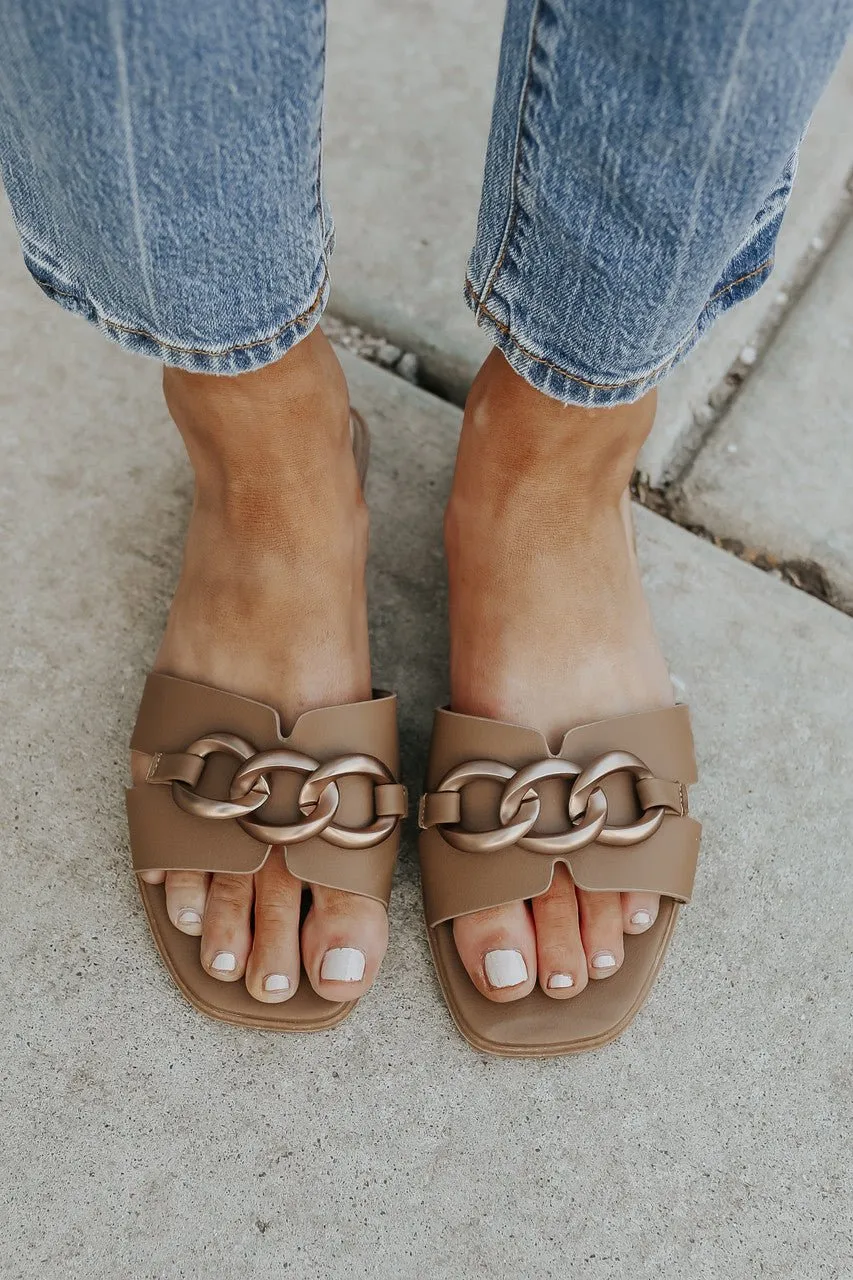 Chain Detail Taupe Slide Sandals