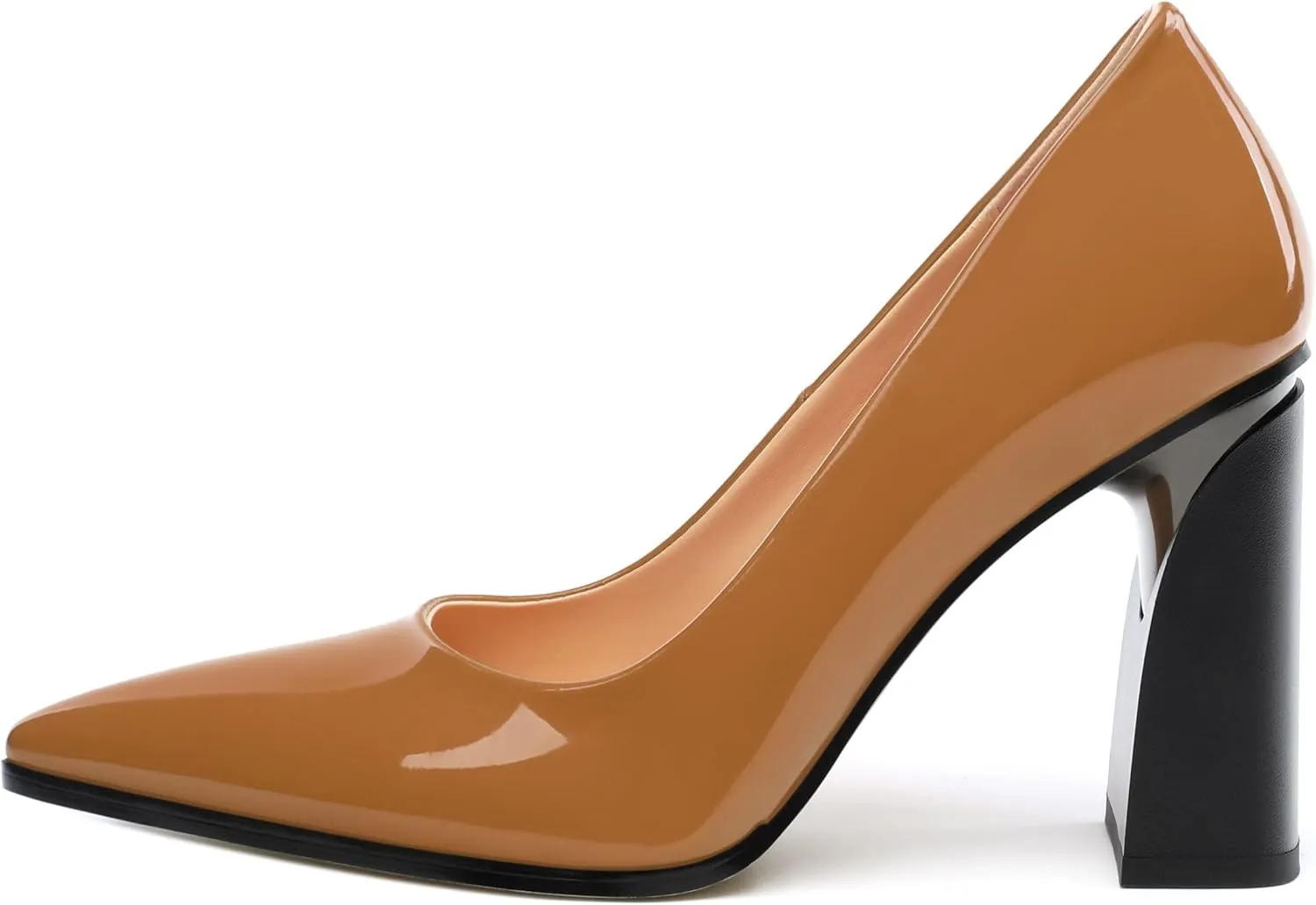 Chunky Block Heels for Women Patent Closed Pointed Toe Pumps Slip on Heels Dress Wedding Shoes 3.5IN