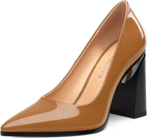 Chunky Block Heels for Women Patent Closed Pointed Toe Pumps Slip on Heels Dress Wedding Shoes 3.5IN