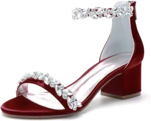 Chunky Heel Wedding Sandals Open Toe Low Block Heels Rhinestones Women Heeled Sandal