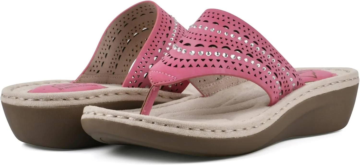 CLIFFS BY WHITE MOUNTAIN Women's Comate Rhinestoned Mini Wedge Flip Flop Sandal
